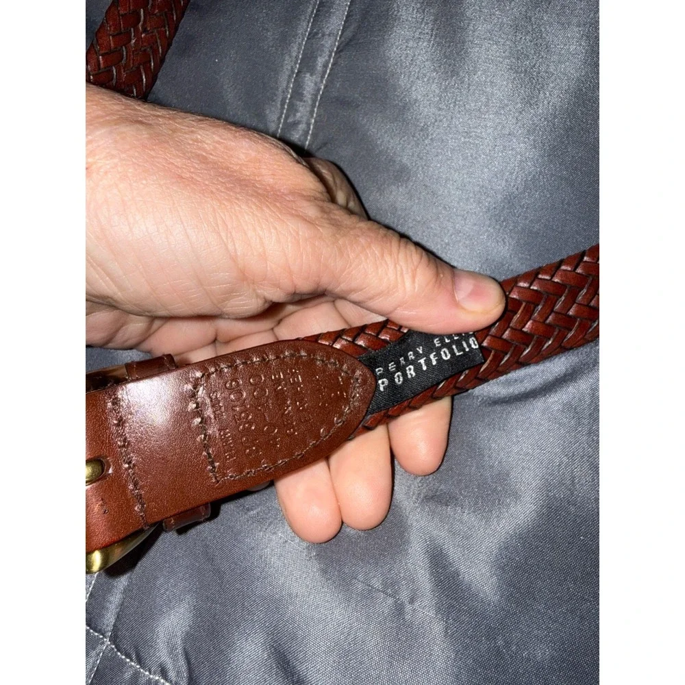Perry Ellis Portfolio Mens Braided Leather Belt Brown Woven Brass Buckle BP65106